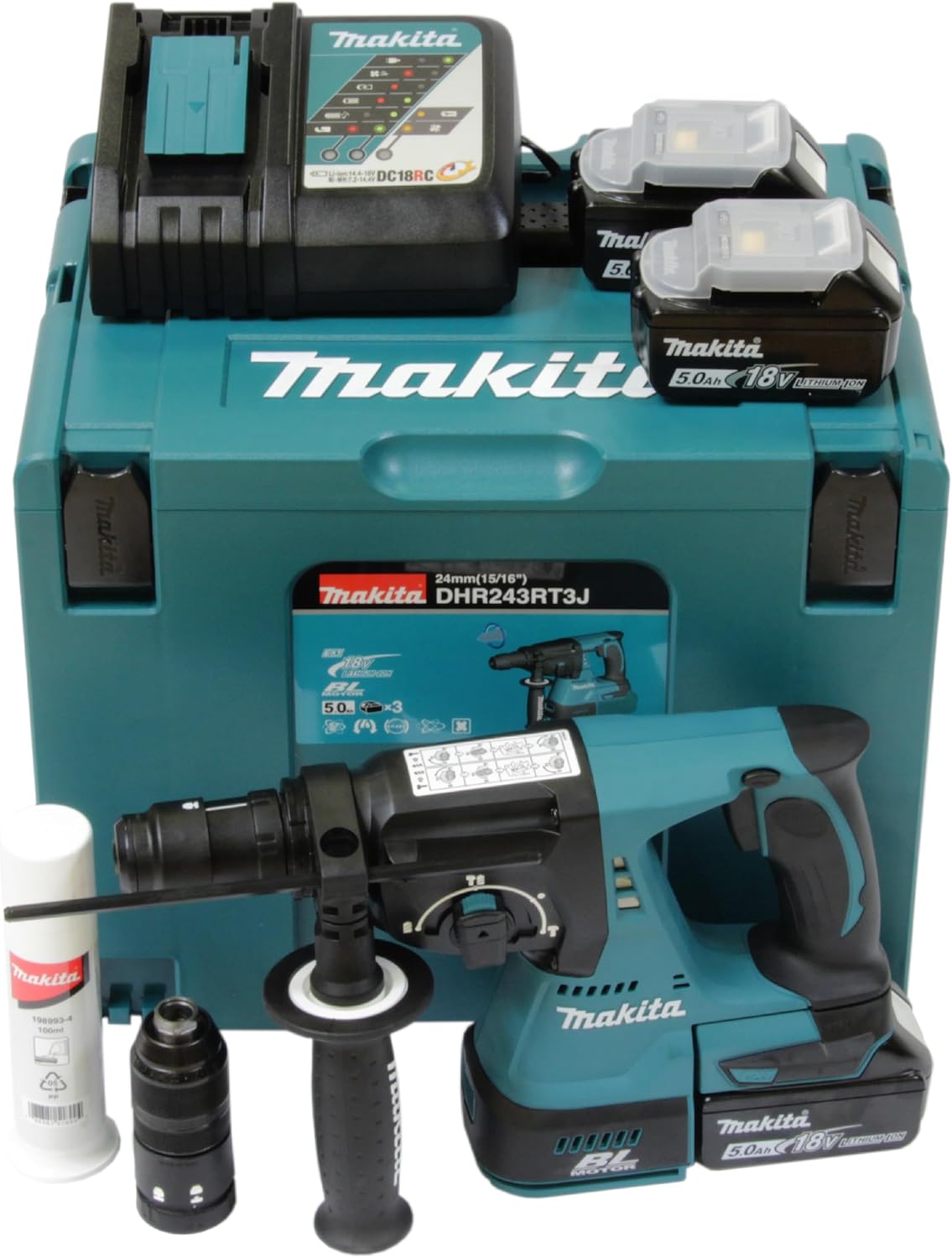 Makita, Martelo perfurador, DHR243RT3J, 18V, 5.0Ah, 5,0 Ah, com bateria, com carregador, Azul / Preto, para trabalhos de manutenção