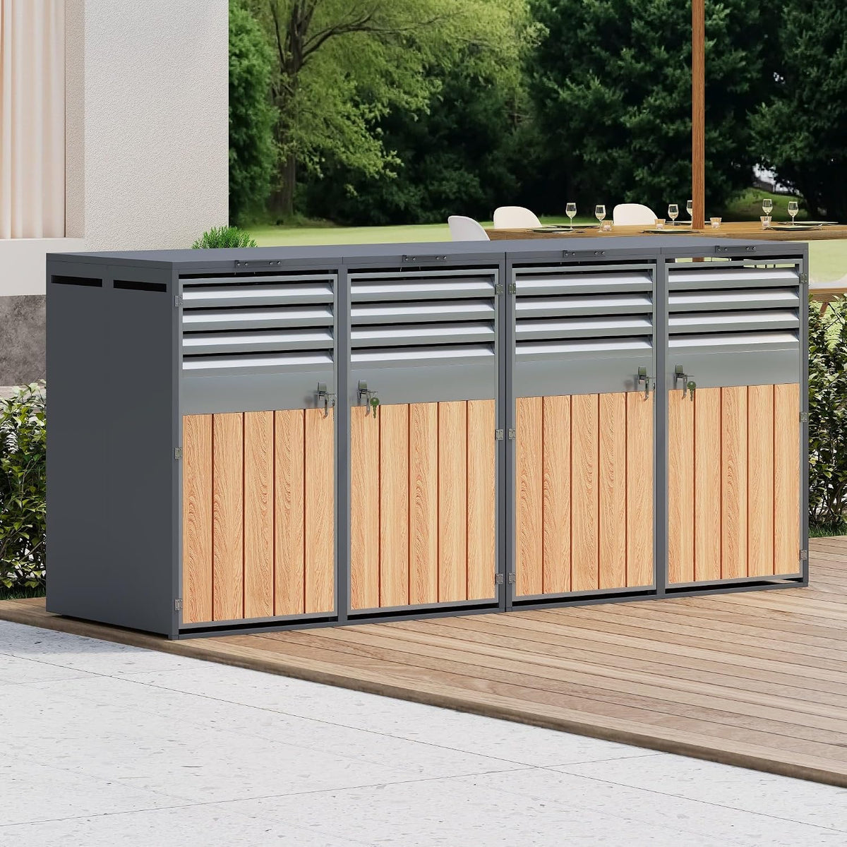 Abrigo para contentores, RAPRAP, 240L, aço, madeira, Cinzento / Holz, para utilização no exterior