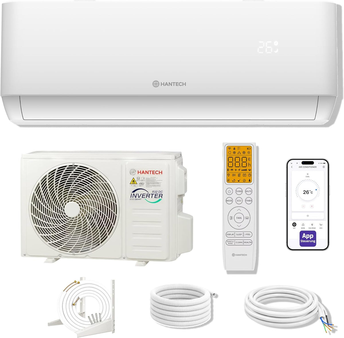 Ar condicionado split, HANTECH, H-PRO, com comando à distância, com temporizador, com controlo por aplicação, Branco, para uso diário