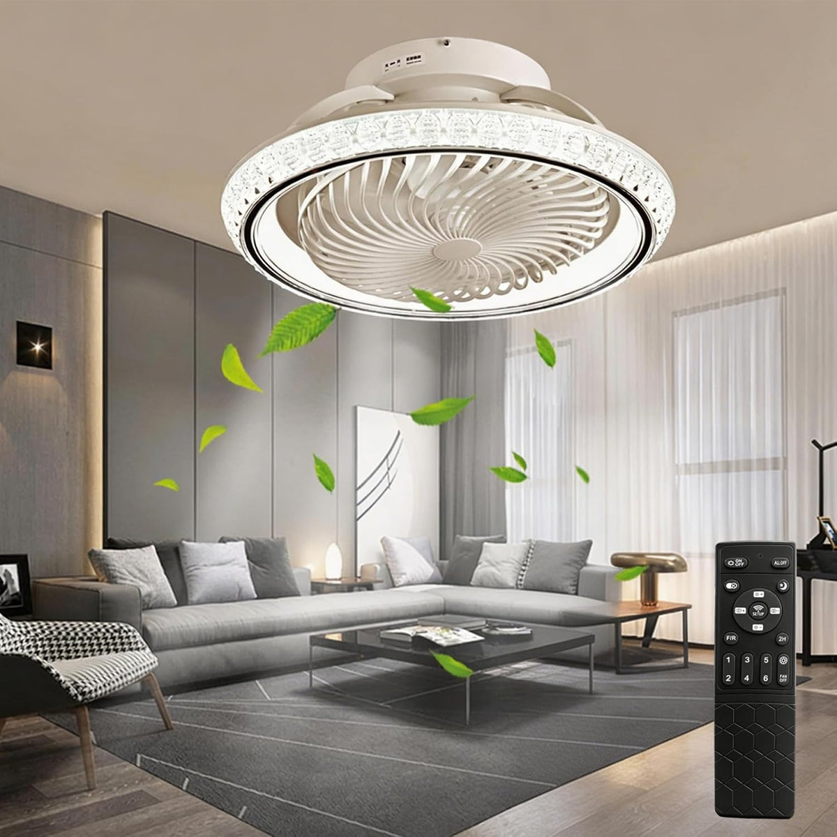 Ventoinha de teto com luz, SXQYSM, 49cm, 30 dB, com comando à distância, com temporizador, Branco / Preto / Dourado, para uso diário