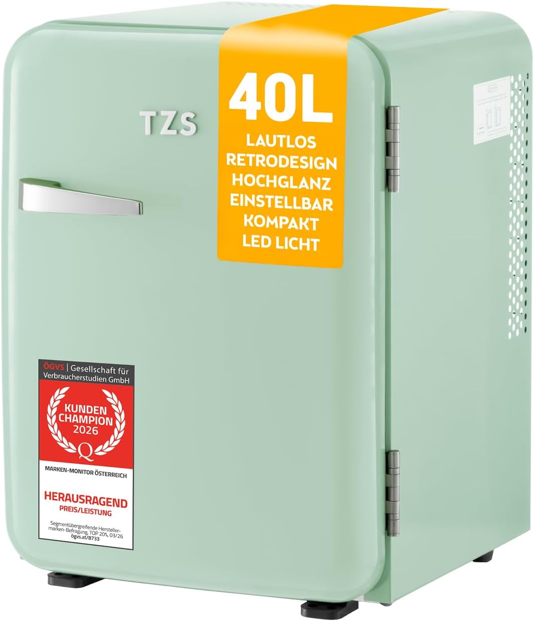 Minifrigorífico, TZS First Austria, 40L, 22 dB, com iluminação LED, MintVerde, para uso diário