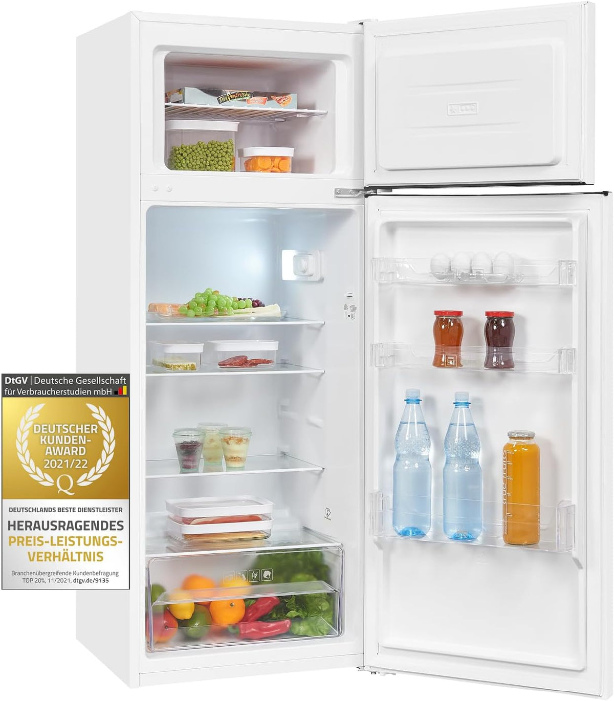 Frigorífico combinado, Exquisit, KGC270-45-040D, 206 L, 55,5 cm, 142,6 × 54,5 × 55,5 cm, regulável, Branco, para uso diário