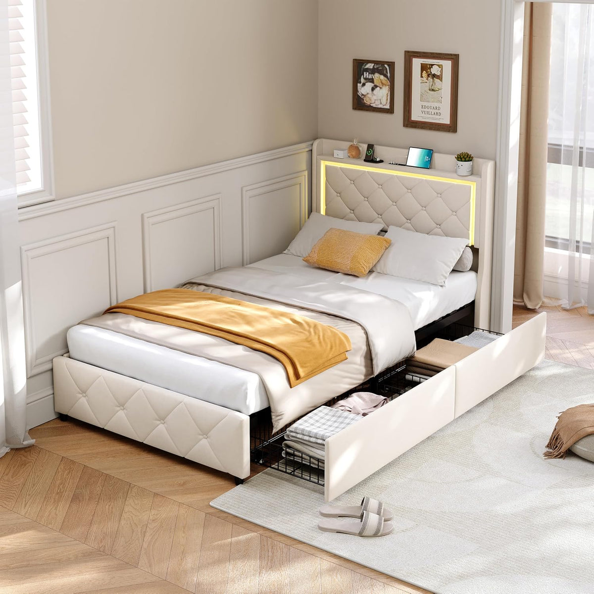 Cama, BPKADHY, 200 cm, 90 × 200 cm, com temporizador, com iluminação LED, com gavetas, madeira, veludo, Bege, para o quarto