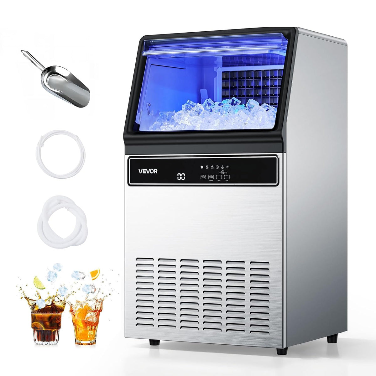 VEVOR, Máquina de cubos de gelo, Kommerzielle, 54,4 kg, 15 kg, 45 W, 50 dB, com iluminação LED, com temporizador, com função de autolimpeza, aço