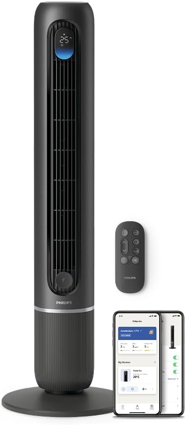 PHILIPS, Ventoinha de torre, Smarter, 22 dB, 12 níveis, 30W, com comando à distância, com temporizador, com controlo por aplicação, Preto