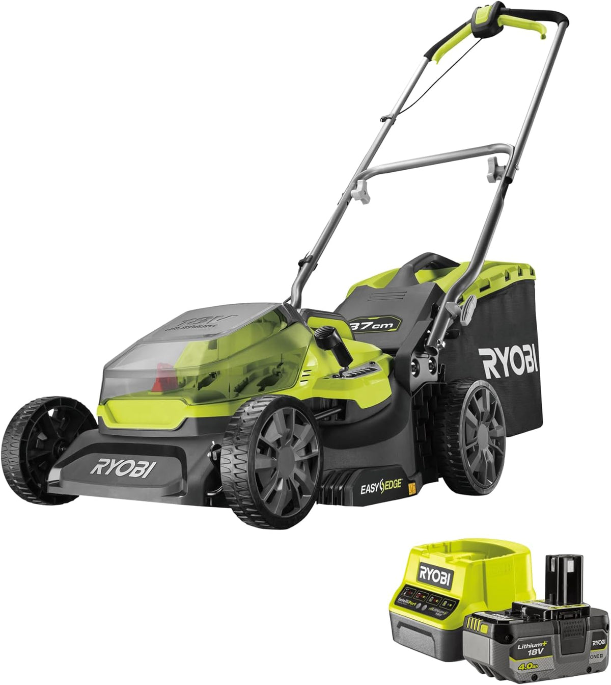 RYOBI, Corta-relva, RY18LM37A-140, 18 V, 37 cm, 4.0Ah, 4,0 Ah, dobrável, com bateria, sem bateria, Verde / Preto, para utilização no exterior
