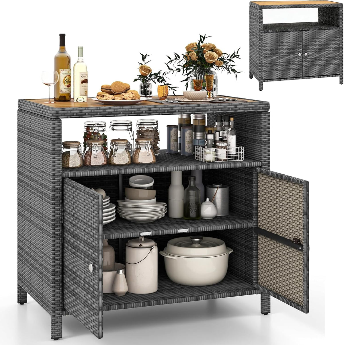 Armário de arrumação, GYMAX, Gartenschrank, 86 cm, 90 × 53 × 86 cm, 45 kg, regulável, com prateleiras, com portas, madeira, ratã, Cinzento