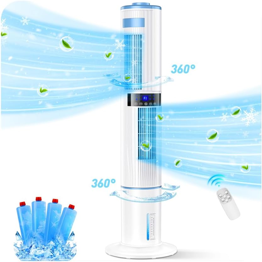 Ar condicionado portátil, Ariahir, 65W, 115 cm, 48 cm, 87 cm, com comando à distância, com temporizador, Branco / Azul, para uso diário