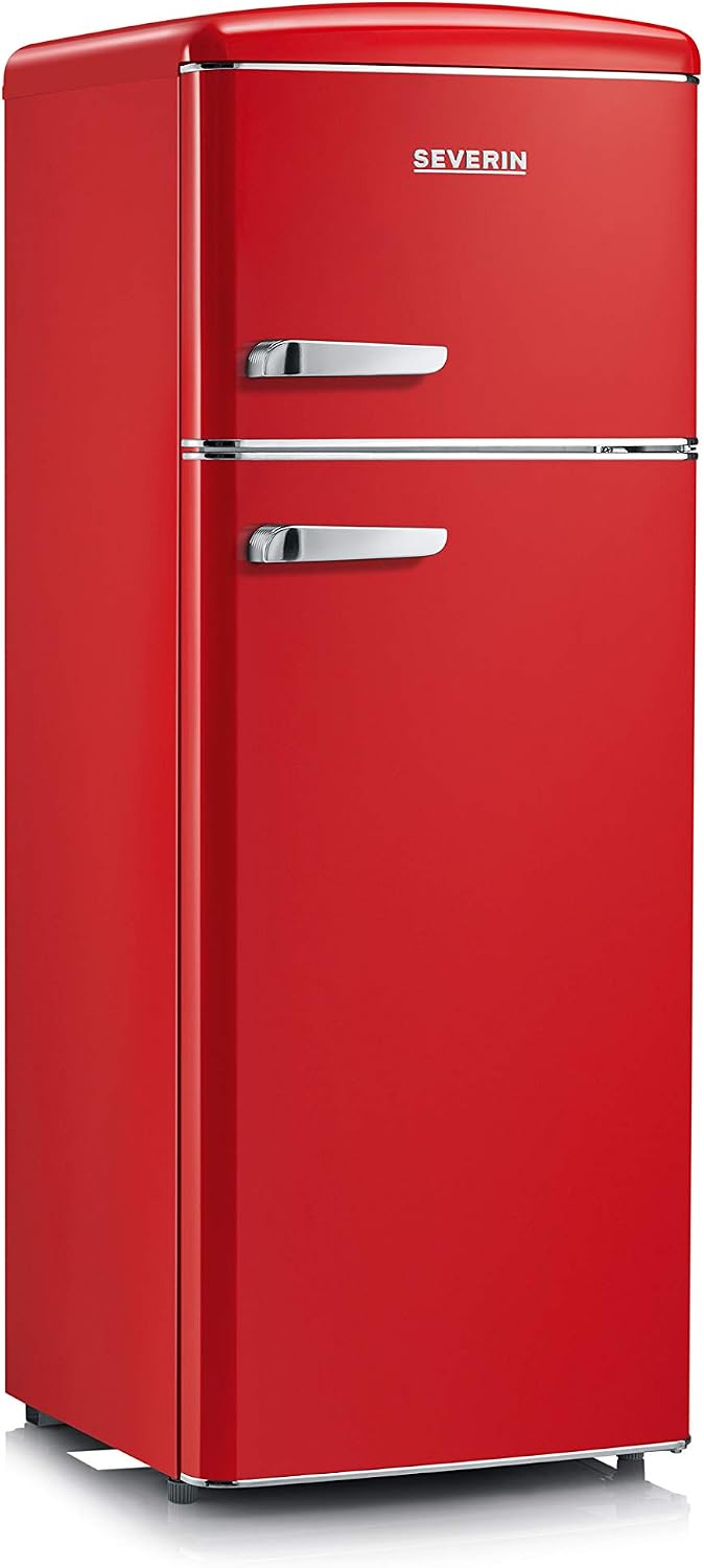 Frigorífico combinado, Severin, 208 L, classe energética E, com iluminação LED, com prateleiras, vidro, Vermelho, para uso diário