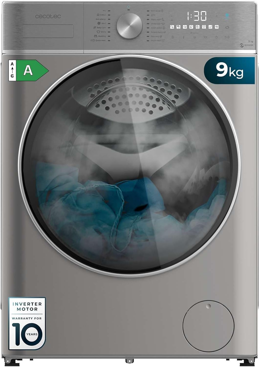 Cecotec, Máquina de lavar roupa, 9 Kg, 1400 rpm, 16 Programas, Classe A, com ecrã tátil, tecido, Multicolor, para uso diário