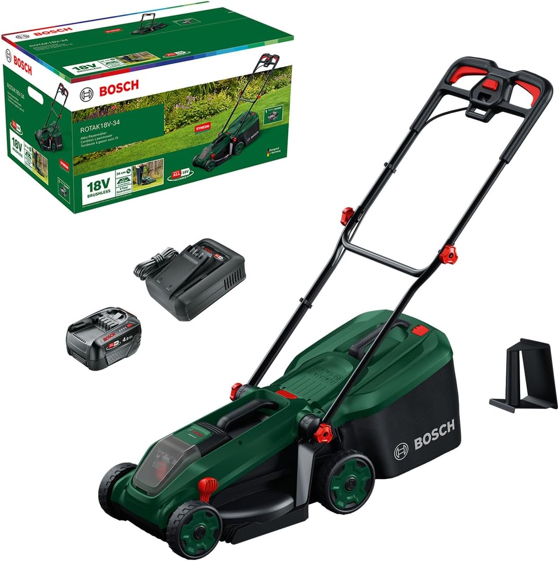 Bosch, Corta-relva, Akku-Rasenm, 34 cm, 35 l, 18V, 4.0Ah, dobrável, com bateria, com carregador, tecido, Verde / Preto, para utilização no exterior
