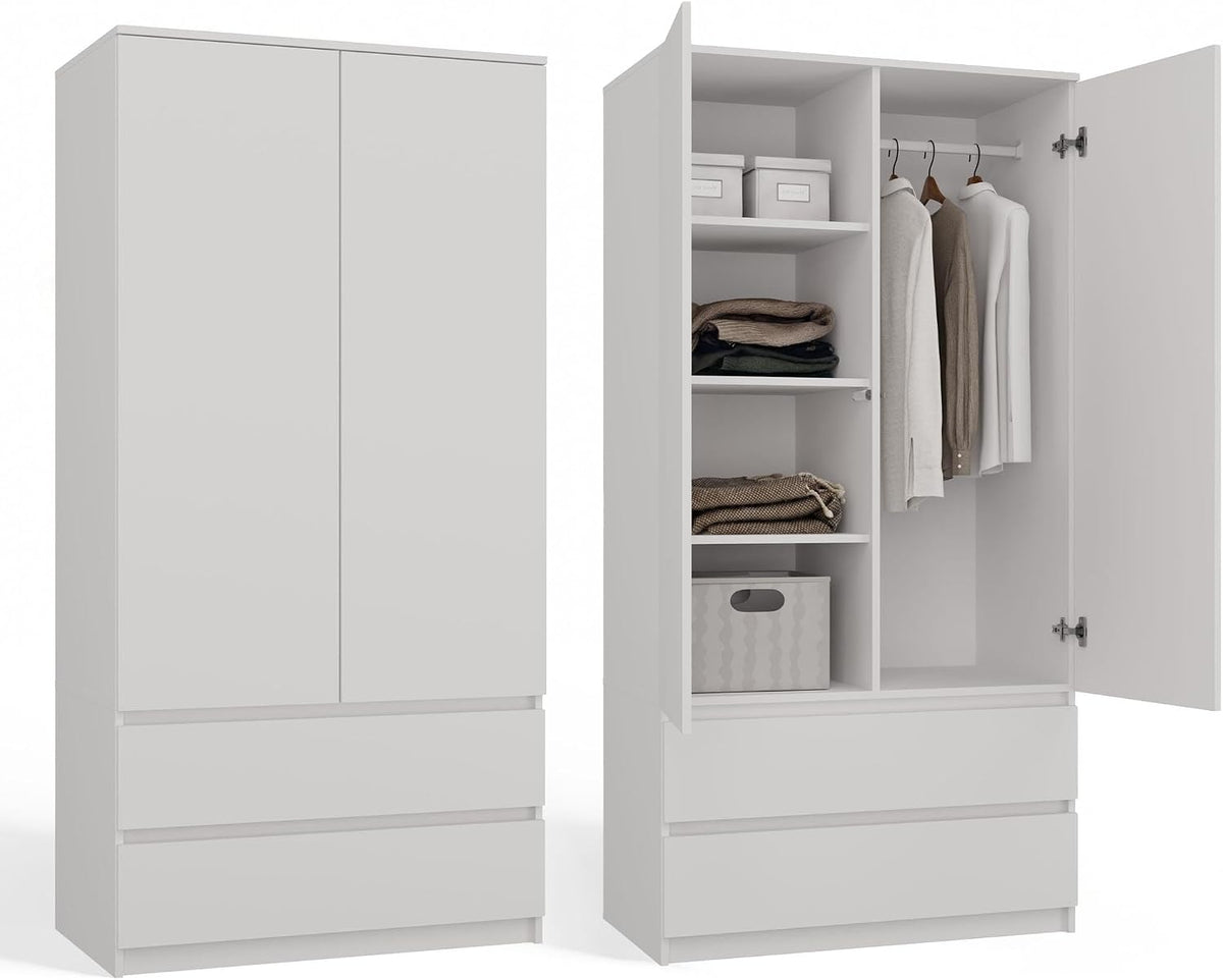 Roupeiro, CDF, 90cm, 50 cm, 90 × 180 × 50 cm, com gavetas, com portas, madeira, painel de madeira, Branco, para o quarto