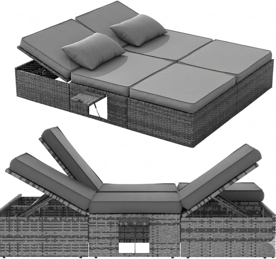 Espreguiçadeira, UDPATIO, XXL, 160 cm, 200 × 160 cm, 23 × 24 CM, regulável, ratã, metal, Cinzento-Meliert / DunkelCinzento, para uso diário