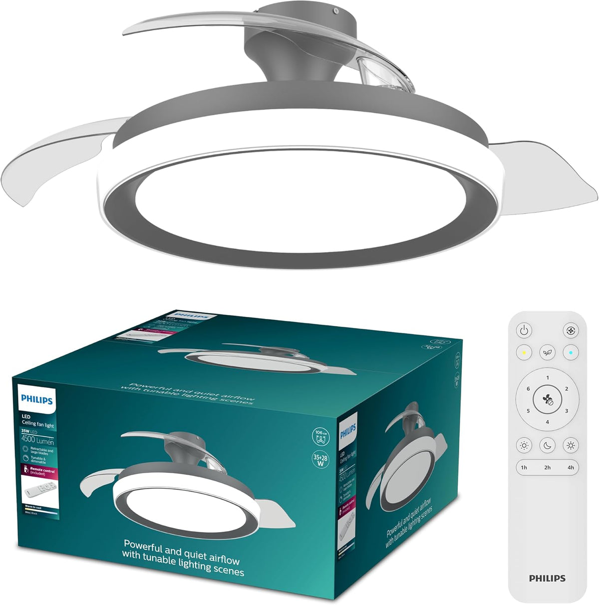 PHILIPS, Ventoinha de teto com luz, Bliss, 106 cm, dobrável, com iluminação LED, Preto / Branco, para uso diário