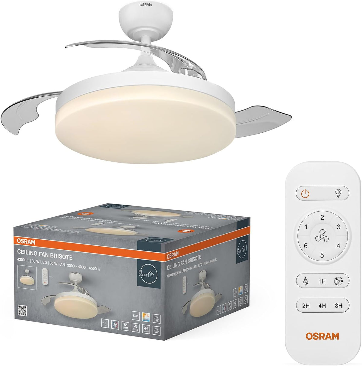 Ventoinha de teto com luz, Osram, LED-Deckenventilator, 66W, classe energética E, dobrável, com comando à distância, Branco, para uso diário