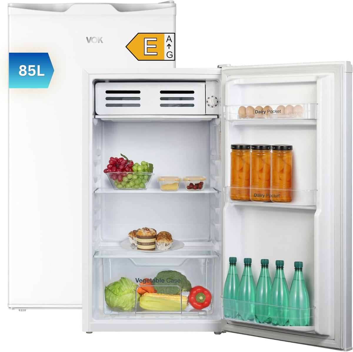 Minifrigorífico, VOK, EVR-85DEW, 85 L, 83 cm, com iluminação LED, com gavetas, Branco, para uso diário