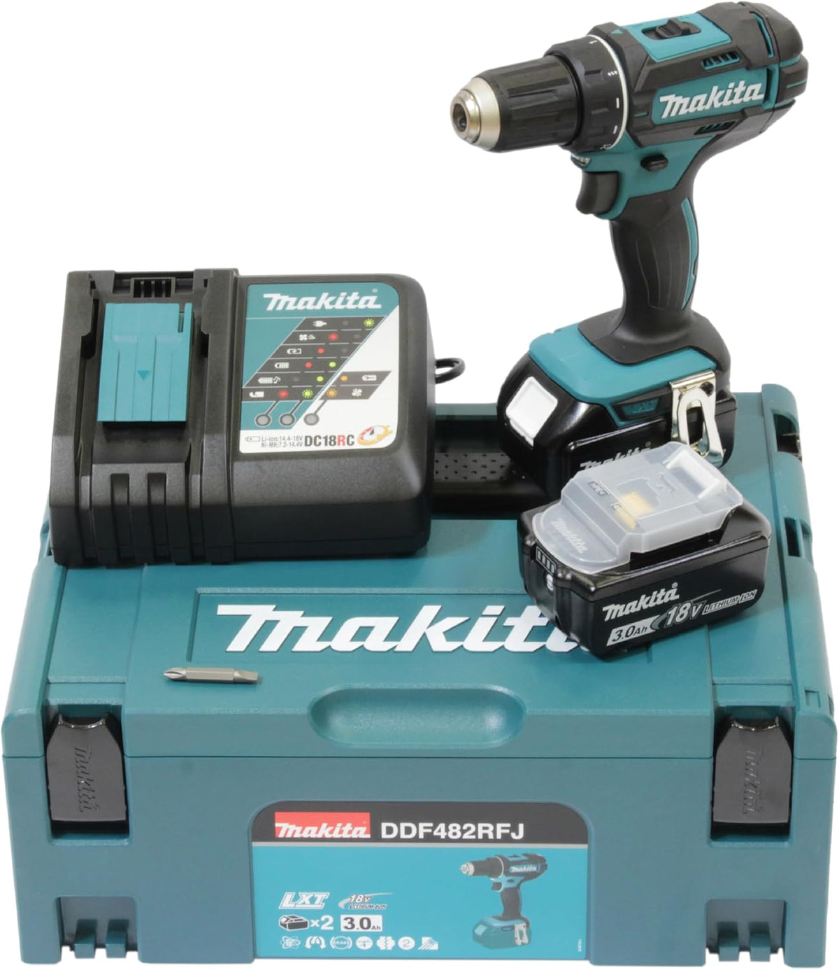 Makita, Berbequim aparafusador, DDF482RFJ, 18V, 3,0 Ah, 2', 21 níveis, com iluminação LED, com bateria, aço, madeira, Preto / Azul