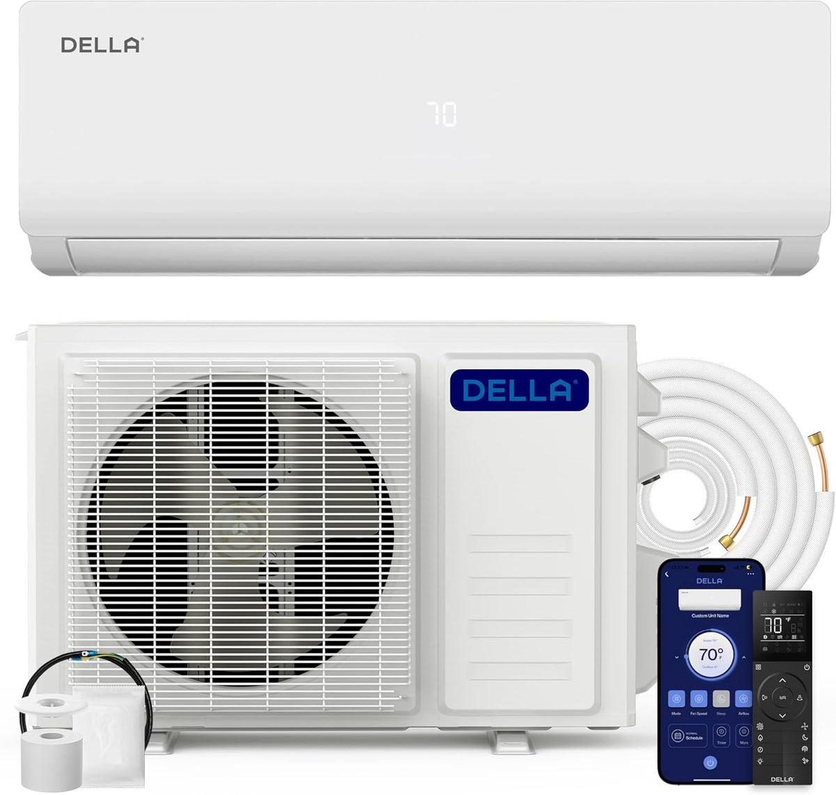 Ar condicionado split, Della, Vario, 230V, 25A, com temporizador, com controlo por aplicação, Branco, para uso diário
