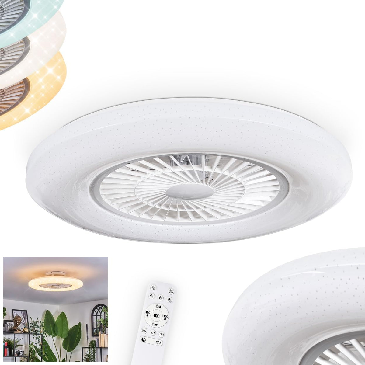 Ventoinha de teto com luz, HOFSTEIN, 59 cm, 16.5 cm, classe energética F, com comando à distância, plástico, metal, Branco, para uso diário