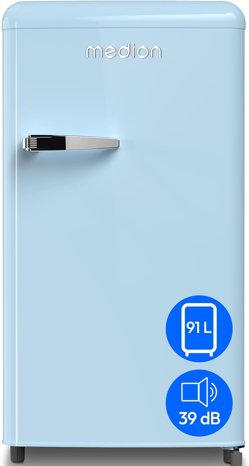 Frigorífico combinado, MEDION, Retro, 91cm, 38 dB, altura regulável, regulável, com rodas, metal, Azul, para uso diário