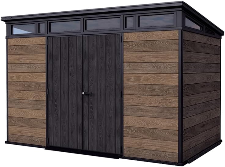 Abrigo de jardim, Keter, Gartenhaus, 340 × 218 × 226 cm, 200 kg, com rodas, aço inoxidável, aço, Antracite / Castanho, para utilização no exterior