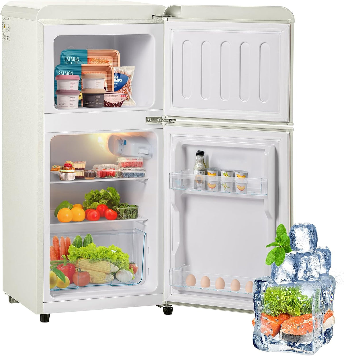 Frigorífico combinado, Merax, Retro, 60L, regulável, com iluminação LED, CremeBranco, para uso diário