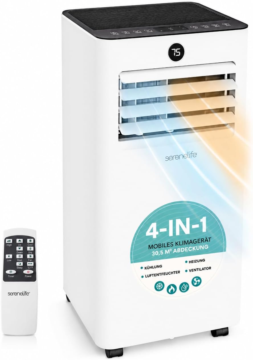 Ar condicionado portátil, SereneLife, Mobile, 54 dB, com comando à distância, com temporizador, com rodas, Branco / Preto, para uso diário