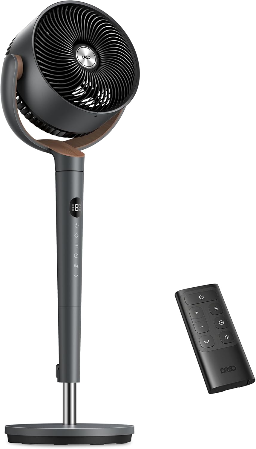 Ventoinha de pé, DREO, Standventilator, 20dB, 107cm, 9 níveis, altura regulável, regulável, com comando à distância, Preto / Cinzento, para uso diário