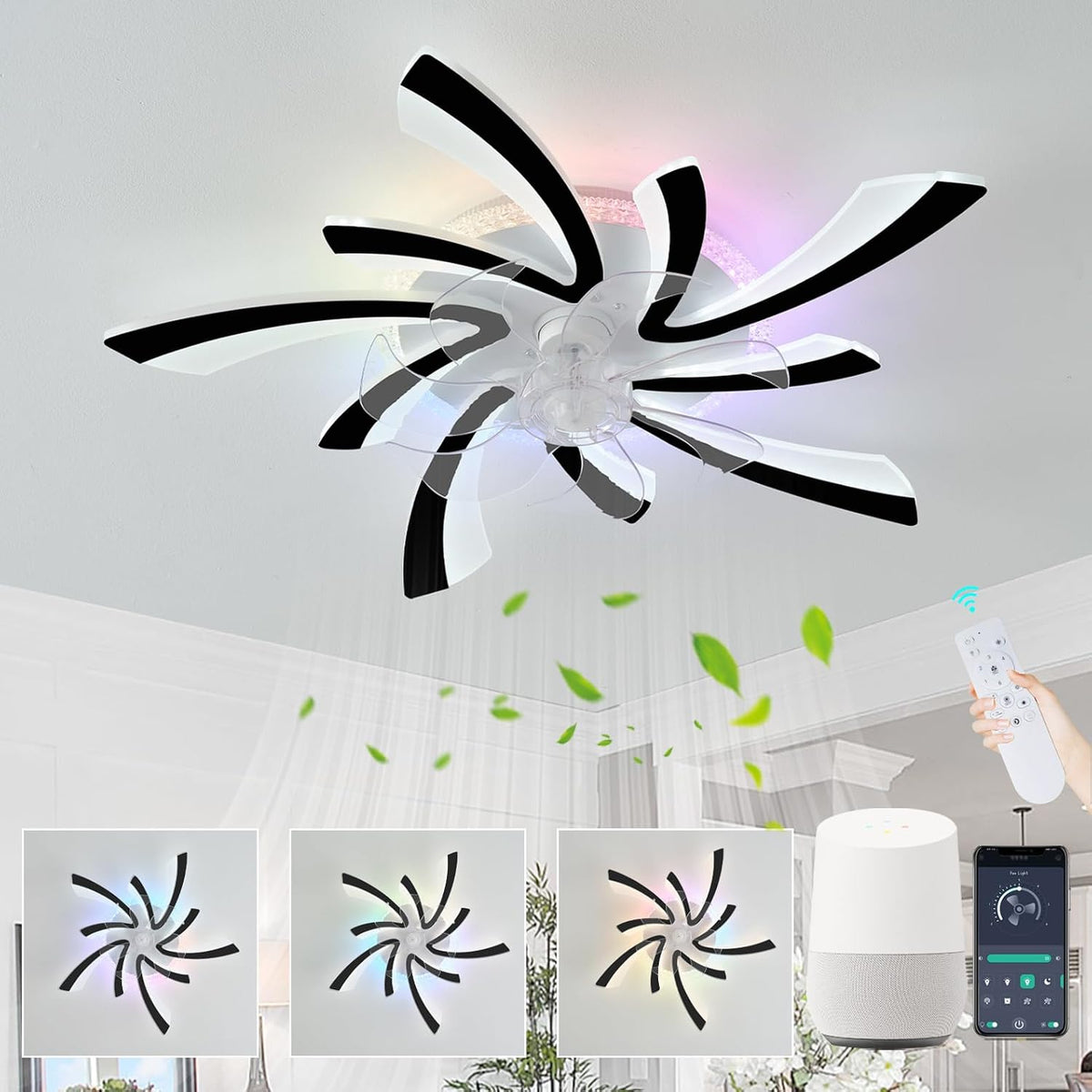 Ventoinha de teto com luz, GWYAJTU, com comando à distância, com controlo por aplicação, Preto, para uso diário