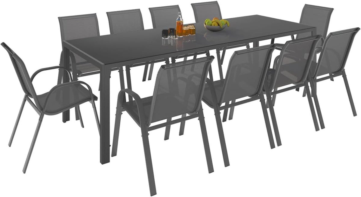 Conjunto de mobiliário de jardim, IDMarket, 240 CM, 10 cadeiras, Cinzento, para jardim e exterior