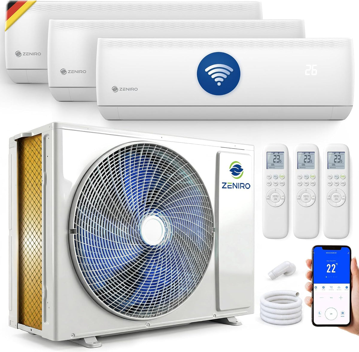 Ar condicionado split, Zeniro, 2,6kW, 3,5kW, 5,3kW, com comando à distância, com controlo por aplicação, Branco / Azul, para uso diário