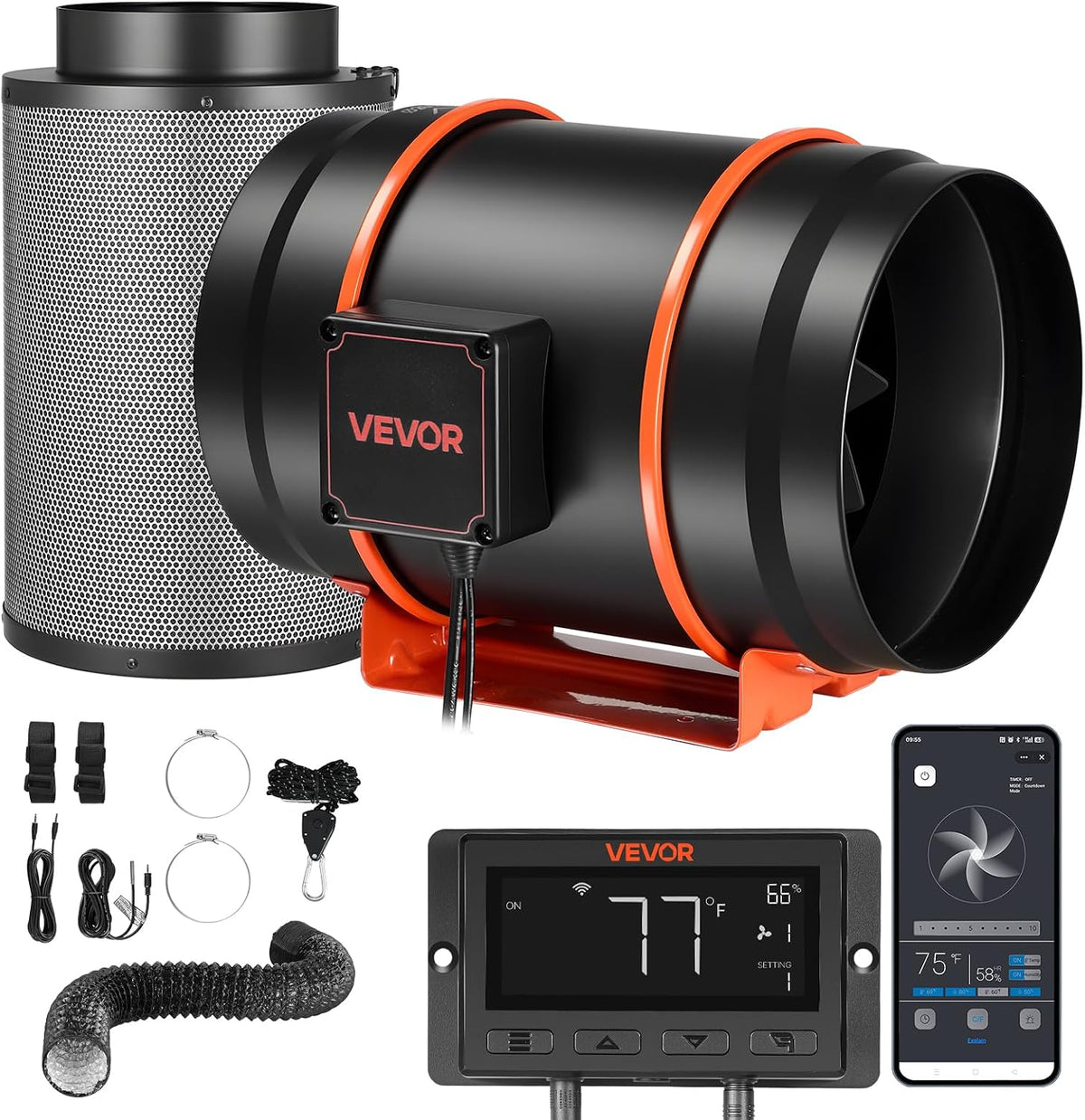 VEVOR, Ventoinha, 203mm, 10 níveis, 29,2 dB, com comando à distância, com temporizador, com controlo por aplicação, alumínio, Preto / Laranja