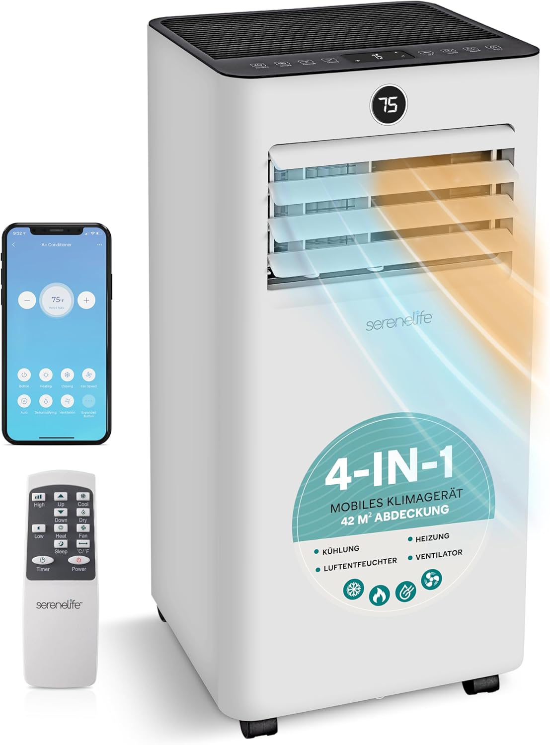 Ar condicionado portátil, SereneLife, Klimaanlage, 2.05kW, 54 dB, com comando à distância, com temporizador, com controlo por aplicação, Branco