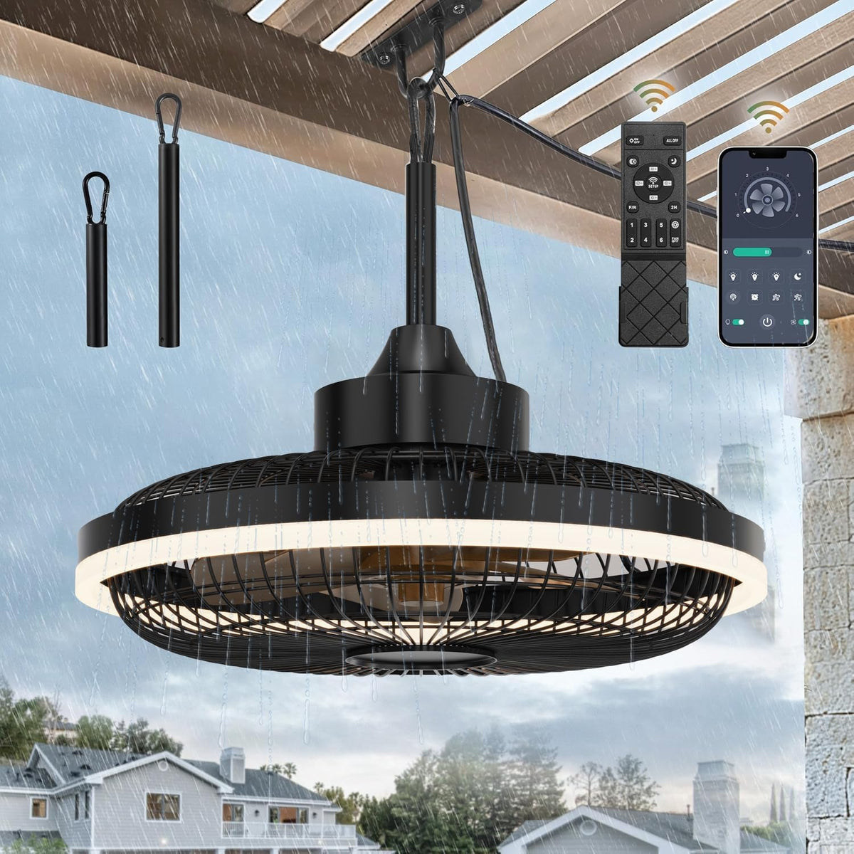 Ventoinha de teto com luz, HUYOY, IP65, 20cm, 30cm, resistente à água, com comando à distância, com temporizador, aço inoxidável, aço, Preto