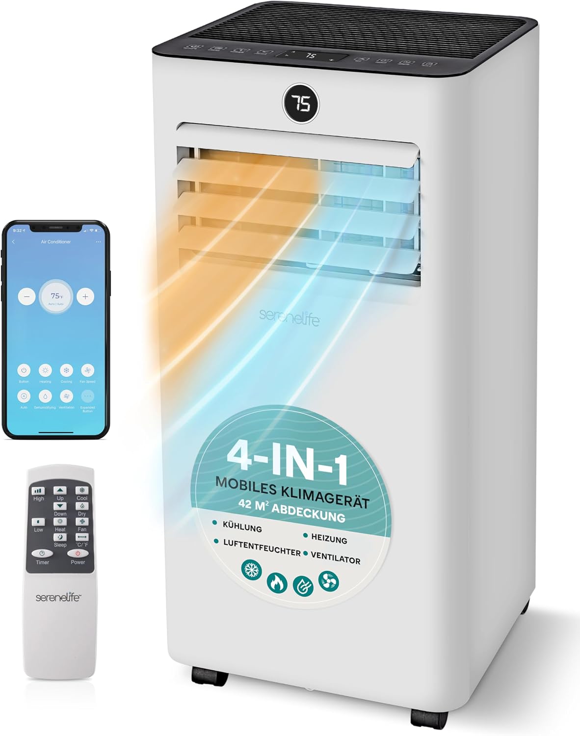 Ar condicionado portátil, SereneLife, Mobile, 55dB, 29 cm, 30,2 × 69,3 × 29 cm, com comando à distância, com temporizador, com controlo por aplicação