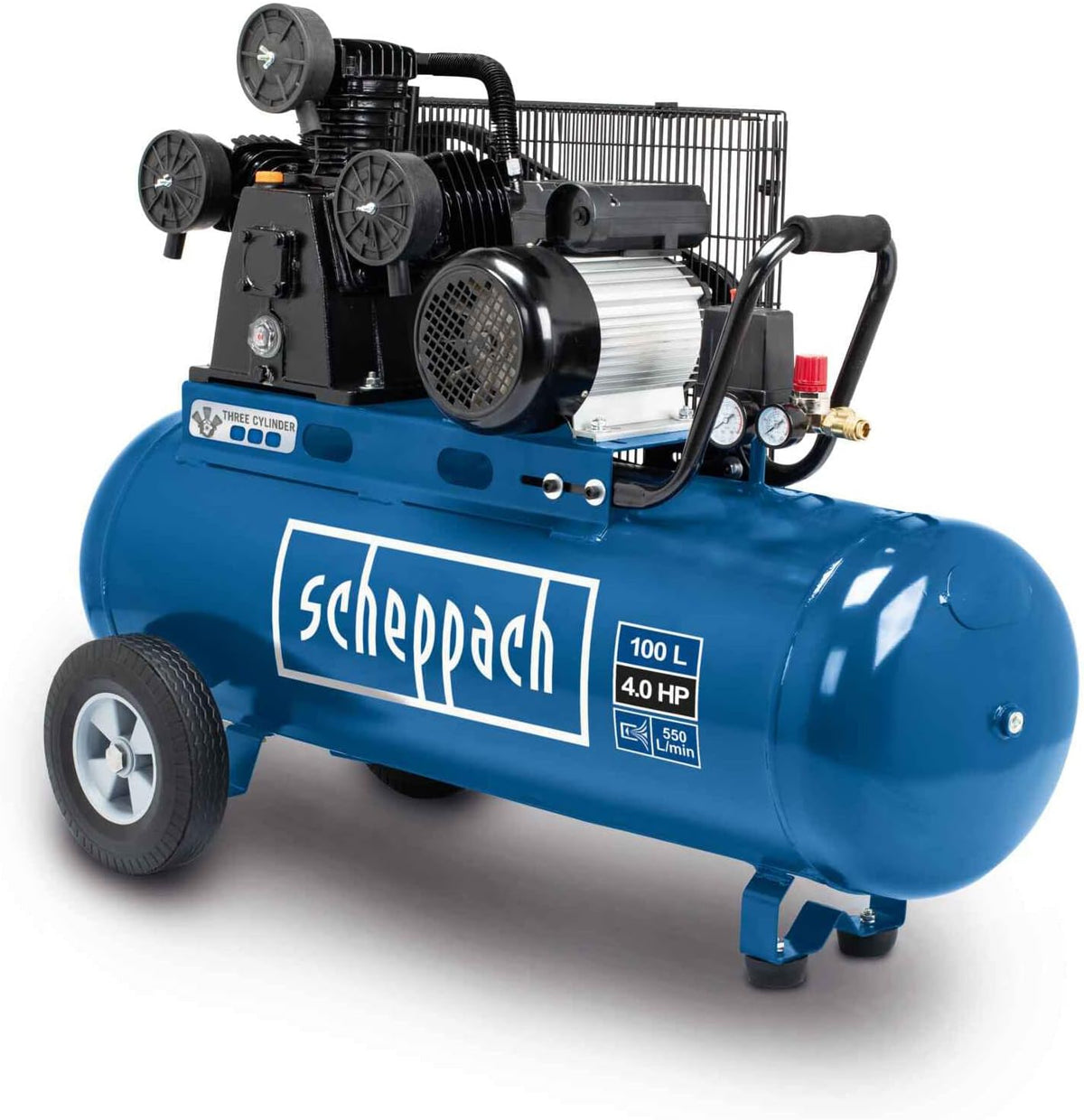 Compressor de ar, Scheppach, Druckluft, 400V, 4 PS, 550 L, 10bar, Azul / Preto, para trabalhos de manutenção