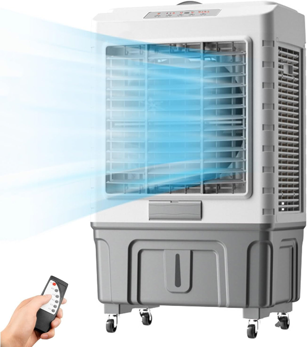 Climatizador evaporativo, Generisch, 200W, 50L, com comando à distância, com temporizador, com rodas, Branco / Cinzento, para uso diário