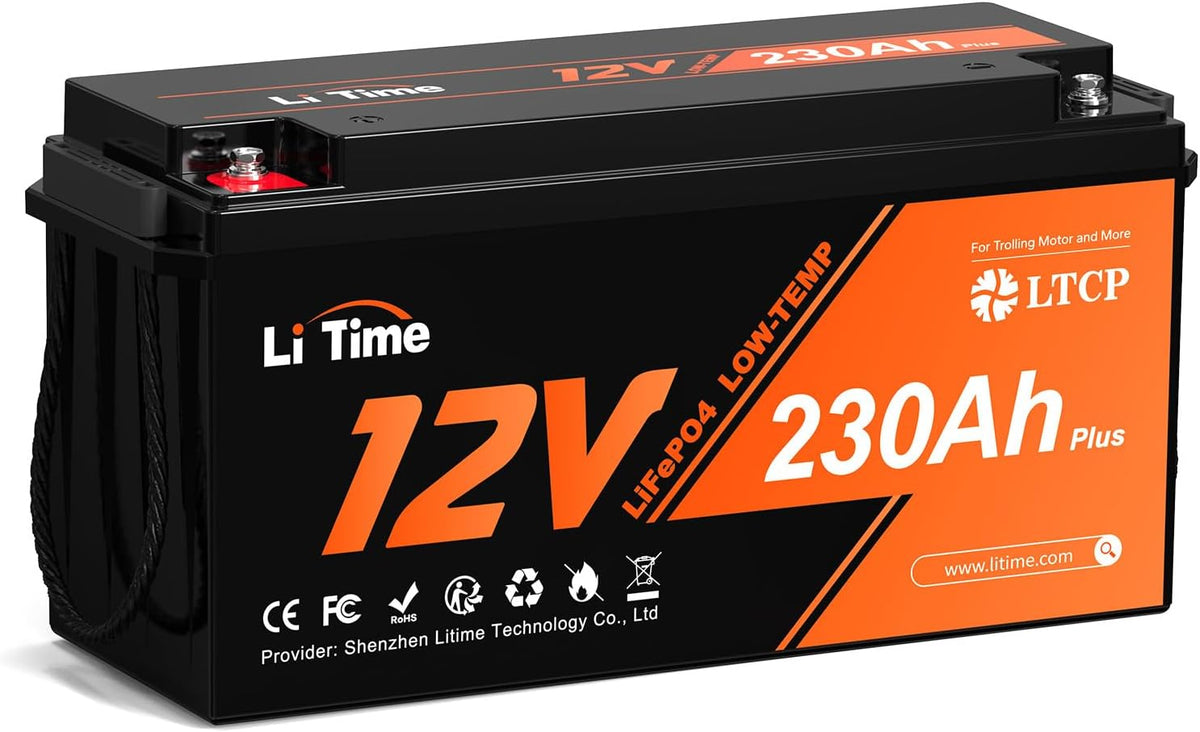 Bateria automóvel, Litime, 12V, 230Ah, 200A, 2560W, resistente à água, plástico, Preto / Laranja, para uso diário