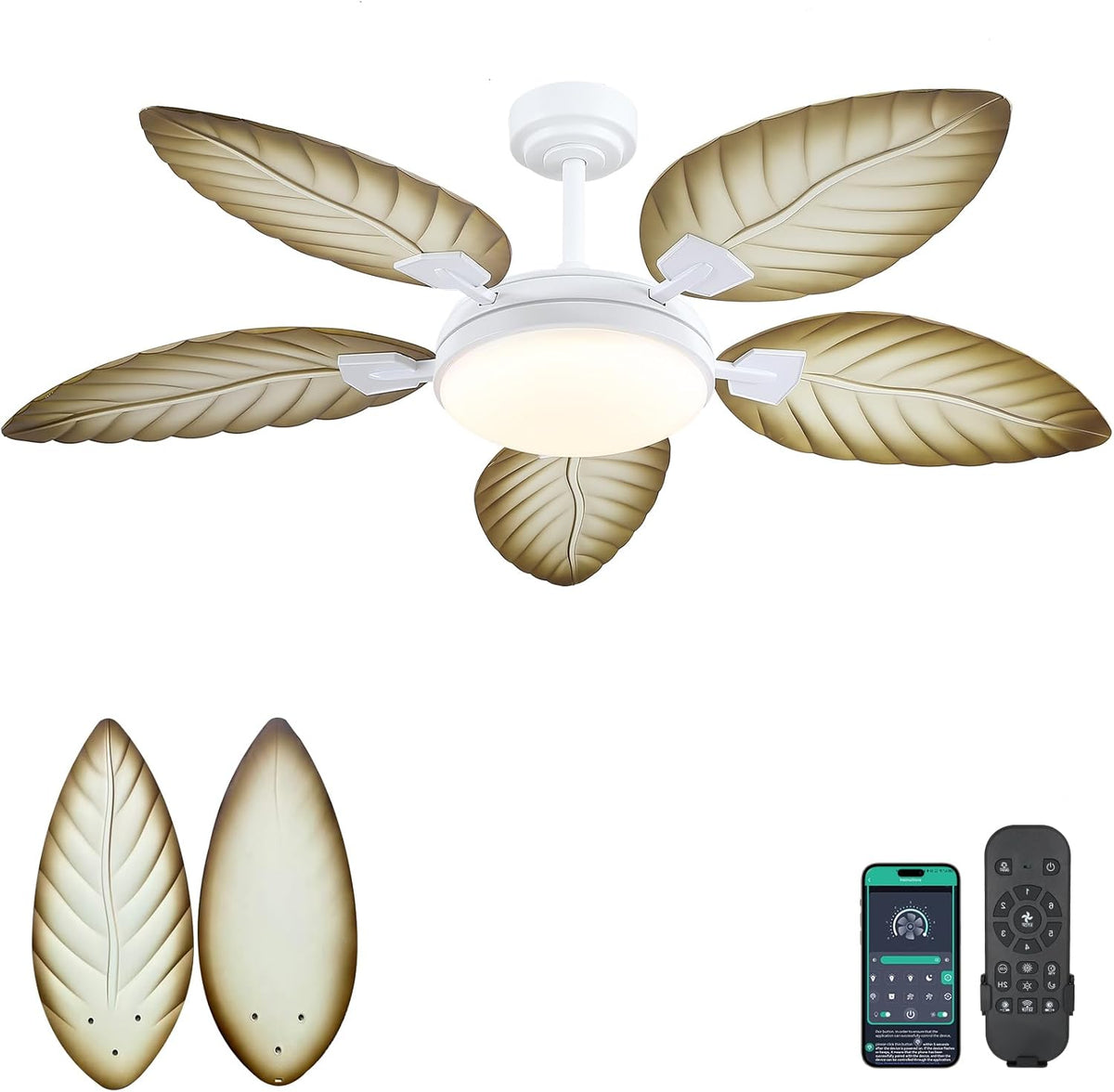 Ventoinha de teto com luz, Kviflon, 132, 132 cm, 50W, 265 V, com comando à distância, com temporizador, com controlo por aplicação, aço, madeira