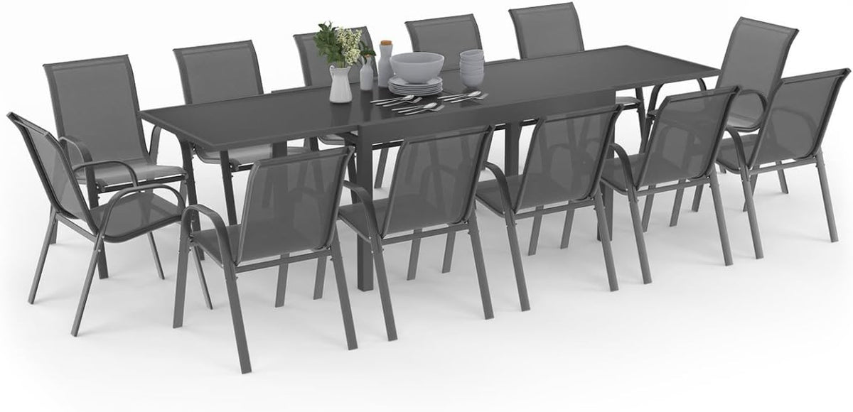 Conjunto de jardim, IDMarket, com 12 cadeiras, 270 cm, aço, alumínio, Cinzento, para jardim e exterior