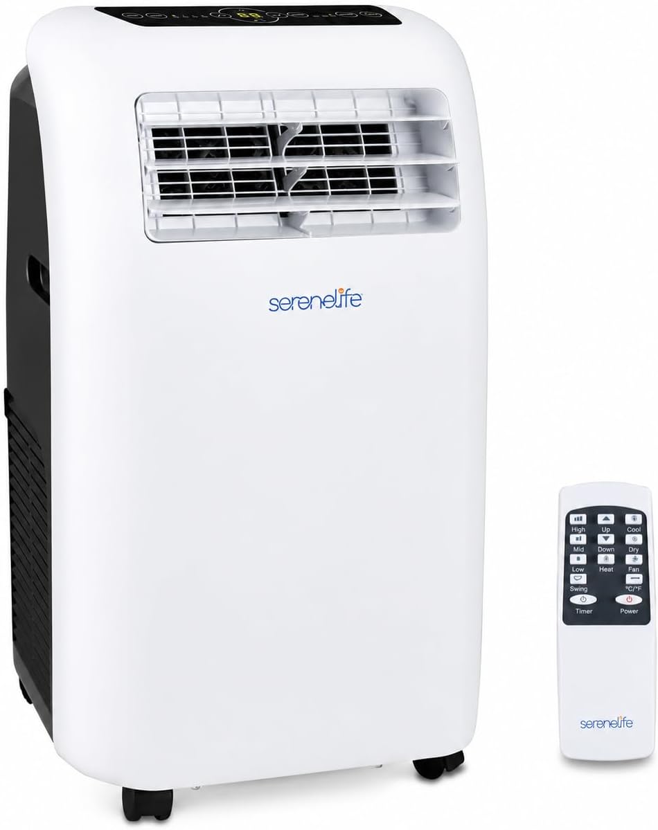 Ar condicionado portátil, SereneLife, Mobile, 3,5 kW, 42 dB, com comando à distância, com temporizador, com rodas, Branco / Preto, para uso diário