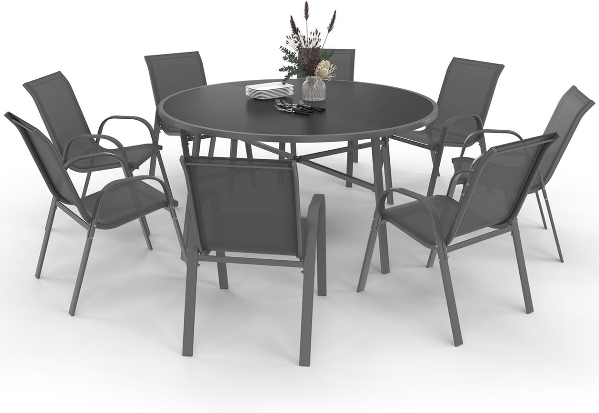 Conjunto de jardim, IDMarket, com 8 cadeiras, 150 cm, aço, vidro, Cinzento, para jardim e exterior
