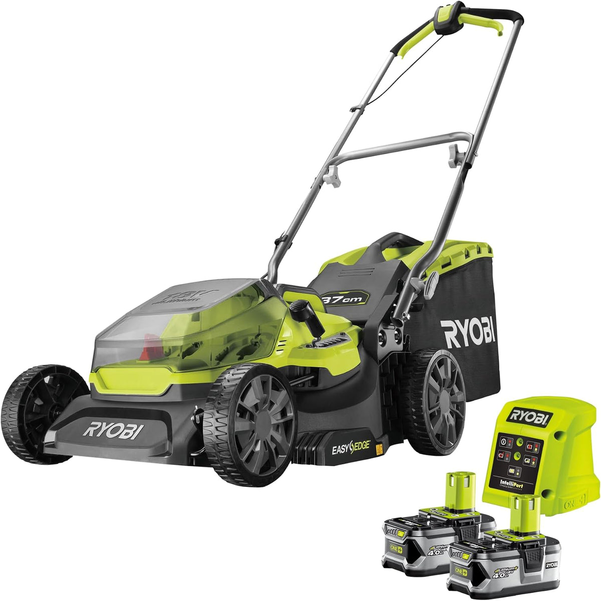 RYOBI, Corta-relva, RY18LM37A-240, 18 V, 37 cm, 4,0 Ah, dobrável, com bateria, sem bateria, Verde / Preto / Prateado, para utilização no exterior
