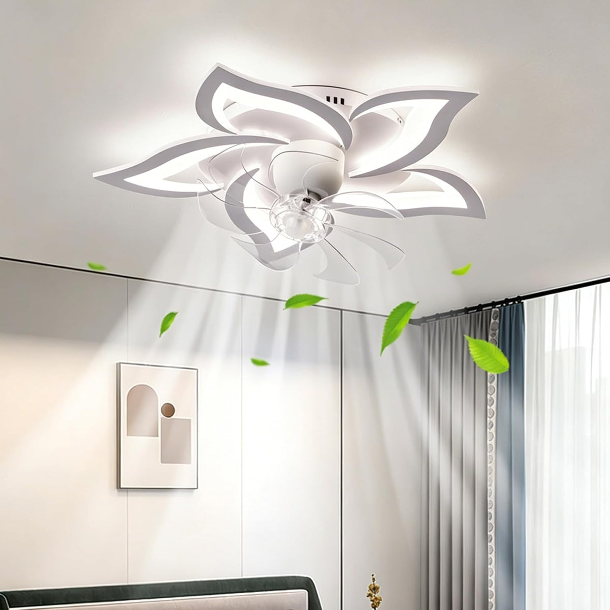Ventoinha de teto com luz, DDYY, 69cm, 2 níveis, com comando à distância, com temporizador, com controlo por aplicação, Branco, para uso diário