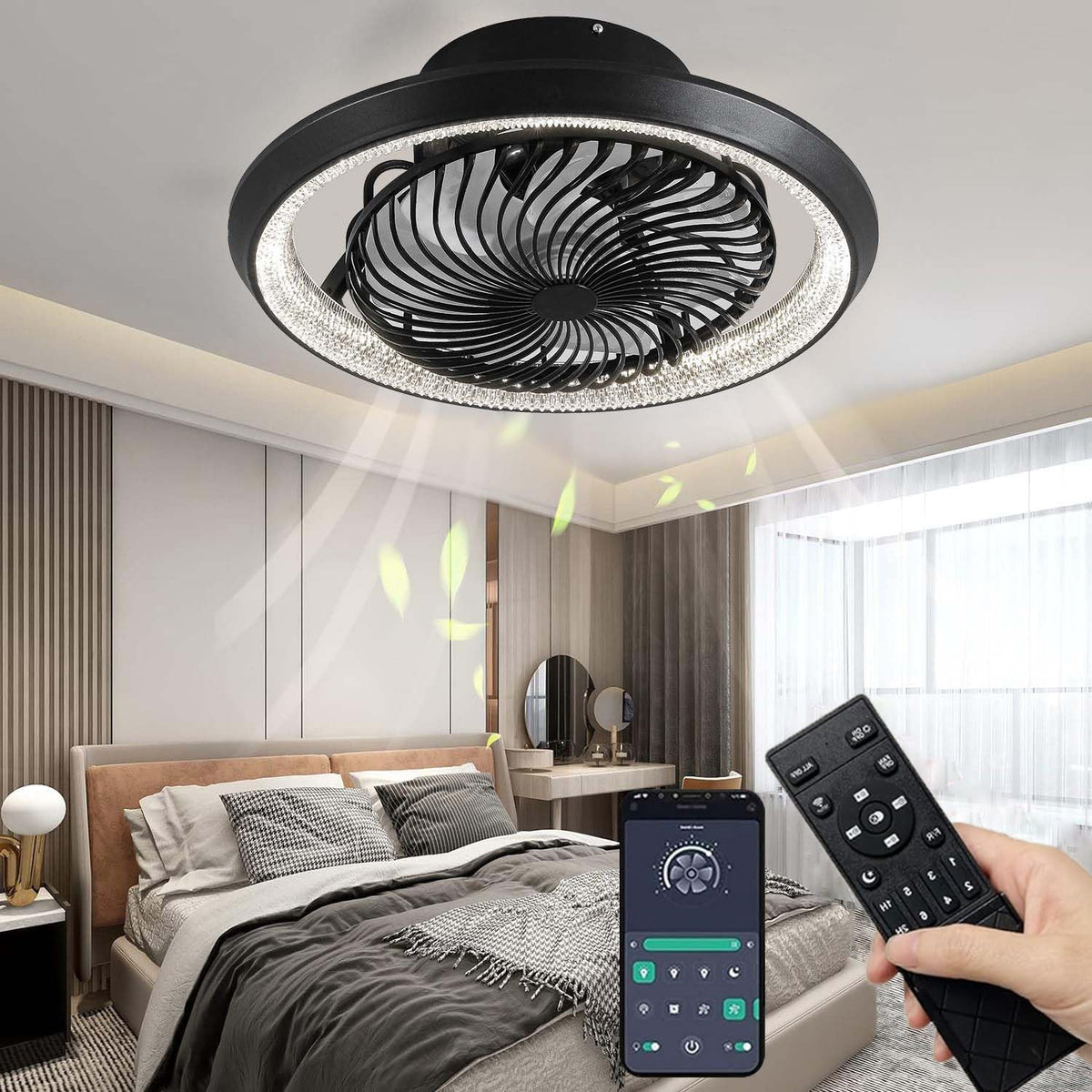 Ventoinha de teto com luz, Qiaomao, 49cm, 72W, 6 L, com comando à distância, com temporizador, Preto, para uso diário