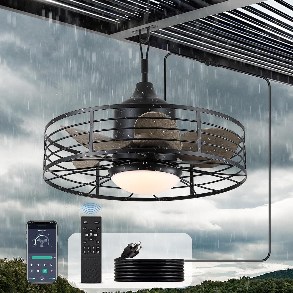 Ventoinha de teto com luz, HUYOY, IP65, resistente à água, com iluminação LED, com comando à distância, Preto / Castanho, para uso diário