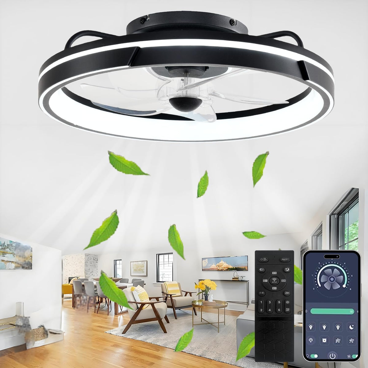 Ventoinha de teto com luz, SXJCCSM, 64W, 5 L, com comando à distância, com temporizador, Preto, para uso diário