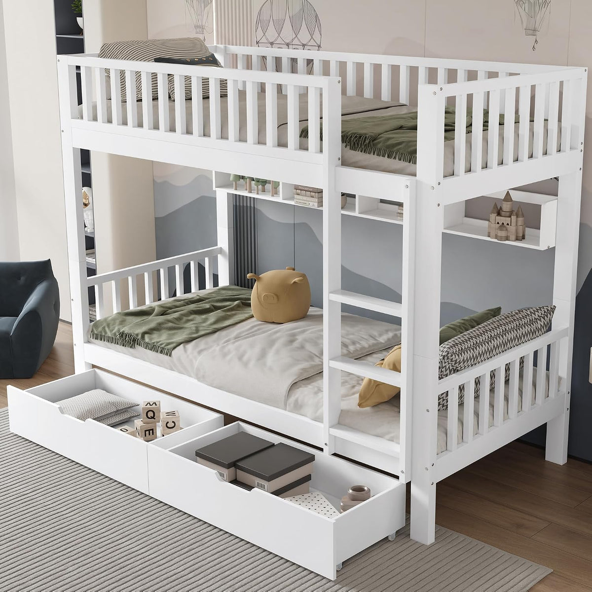 Cama, Idemon, 200 cm, 90 × 200 cm, com gavetas, com prateleiras, com rodas, madeira, Branco, para o quarto