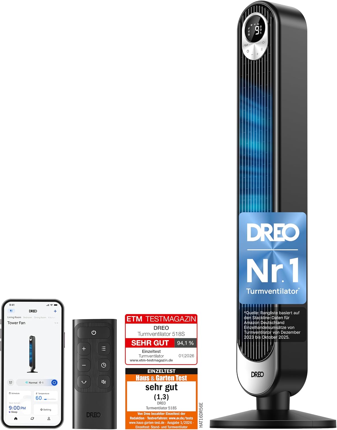 Ventoinha de torre, DREO, Smart, 20dB, 9 níveis, com comando à distância, com temporizador, com controlo por aplicação, Preto, para uso diário