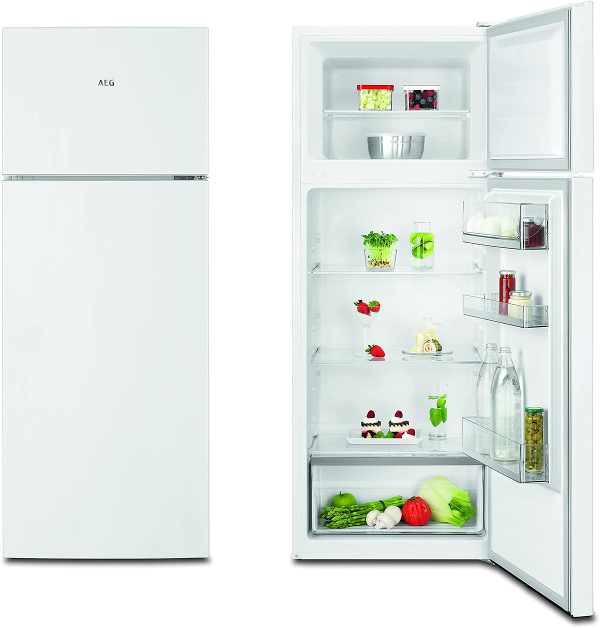 AEG, Frigorífico combinado, RDB424E1AW, 206 L, 205 l, 164 l, 41 l, altura regulável, regulável, com iluminação LED, vidro, Branco, para uso diário